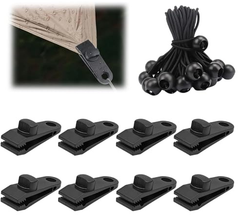 PARFCO 33 Piezas Set de Pinzas para Lonas, Tensores de Lona con 25 Cordones Elásticos con Bola de 10 cm y 8 Clips Dentados, Clips de Lona Sujeción para Camping, Hogar y Picnic
