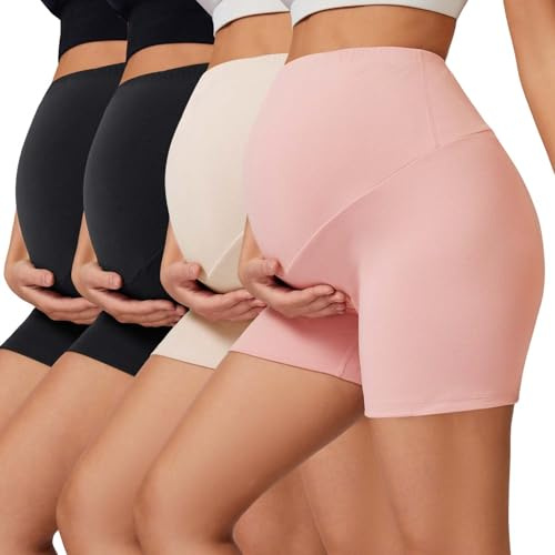 Mexholin 4 Pack Womens Maternity Shorts Over Bump High Waisted Belly Biker Pregnancy Shorts Yoga Workout Running Active Leggings Black/Black/Nude/Pink M