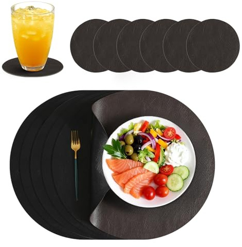 Bordstabletter 6-pack med underlägg, rund Ø 33 cm, av konstläder, halkfri, dubbelsidig, vattentät, värmebeständig och tvättbar, perfekt för kök, hushåll, restaurang och hotell