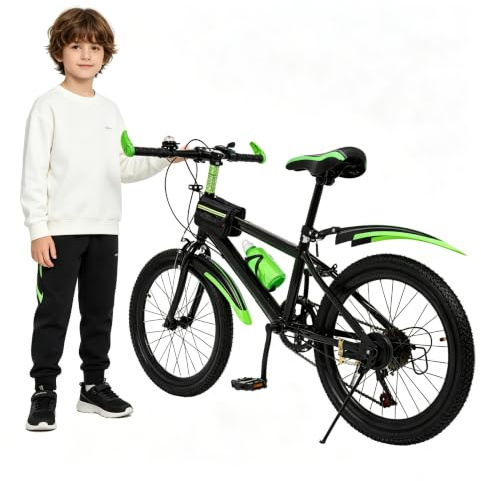 Jerool 20 Inch Bike 7 Speeds, Mountain Bike, Kids Bike with Kettle Holder and Storage Bag, Height-Adjustable, For Children 4.26 to 4.9 Feet Tall(6-12 Years) red/green