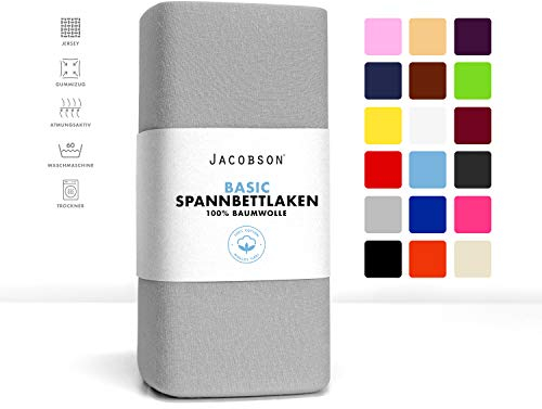 Jacobson Jersey Spannbettlaken Spannbetttuch Baumwolle Bettlaken (140x200-160x220 cm, Grau)