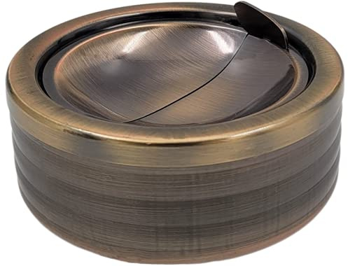 Smokeless Classic Metal Ashtray with a Lid cover for Cigarettes - Gold Rosegold Silver Windproof Outdoor Ashtrays Can Patio Outdoor Indoor Decorative Fancy Ash Tray (Grooved Bronze)