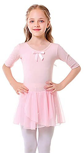 Bezioner Ballettkleidung Mädchen Tanzkleid Kinder Baumwolle Balletttrikot Ballettkleid mit Rock Tütü Rosa 110