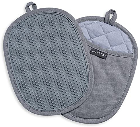 2-Pack Silicone Pot Holders for Kitchen Heat Resistant up to 500°F, Non-Slip Large Hot Pads with Pocket, Quilted Liner Trivets for Countertops Hot Pots and Pans (Gray)