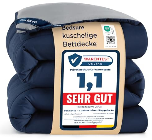Bedsure Täcke 220 x 240 4 säsonger - täcke utan överdrag 300 g/m² | OEKO-TEX, allergivänligt, mjukt mikrofiberskydd, hållbart, icke-tätt, maskintvättbar, tvåfärgad blå/grå