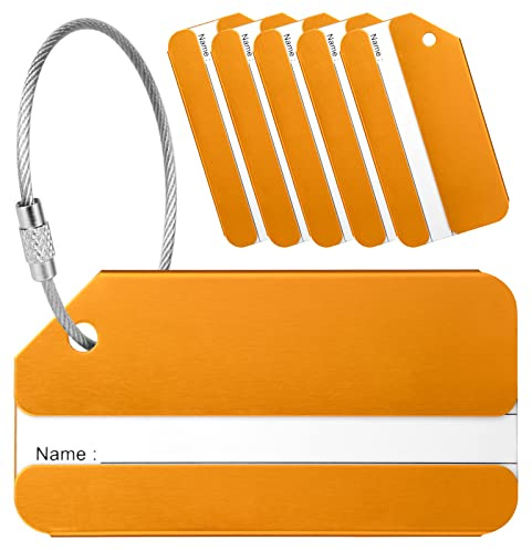 Yizhet Etiquetas para Equipaje Viaje, 6 Piezas Identificador Maletas Viaje Aluminio Etiquetas para Maletas de Viaje Avión ID Tag con Anillos de Acero Evitar la Pérdida de Bolsas y Maletas (Oro)