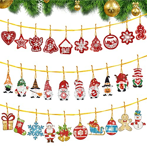 30 Pcs 5D Christmas Diamond Painting Pendants, DIY Diamond Art Decor Pendant for Christmas Tree, Diamond Painting Keyrings Kits, Christmas Tree Decoration Keychain Decorative Hanging Ornament