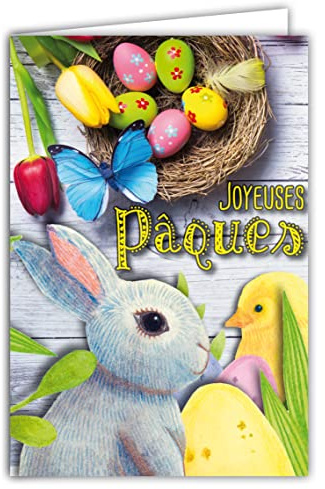 Carte Joyeuses Pâques Fête Printemps Lapin Poussin Nid œufs peints Tulipes Papillon Illustration Enfants Jeunesse avec Enveloppe Format 12x17,5cm 62-1021