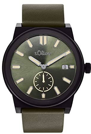 s.Oliver Armbanduhr Herren Quarzuhr Analog, mit Leder Armband, Grün, 5 bar Wasserdicht, Kommt in Uhren Geschenk Box, 2035442