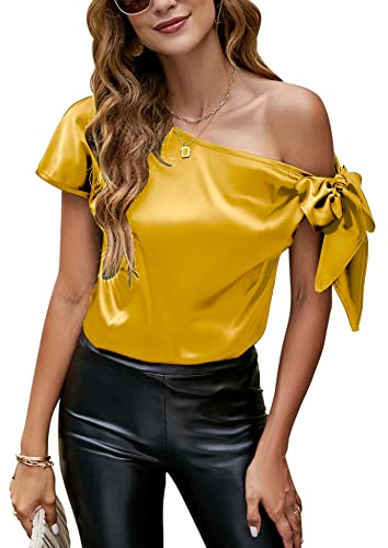 VIDUSSA Blusa de seda con hombros descubiertos para mujer, informal, manga corta, cuello asimétrico, blusa de satén, Amarillo, Large