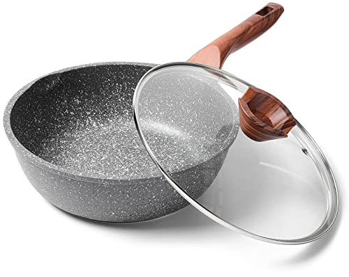 RIOVARM 24cm Sartén honda con tapa, Inducción Antiadherente Sartenes para freír, Granito Sartenes para huevos sin PFOA, Mármol Sartén para Tortilla con mango de baquelita Woodgrain, Apta para Gas