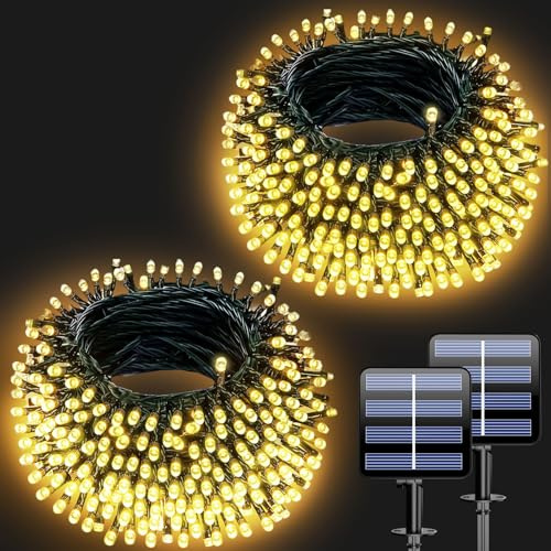 Electight 2 confezioni da 20 m, catena di luci a energia solare, per esterni, resistente alle intemperie, 8 modalità, per giardino, cortile, terrazza, decorazioni per matrimoni, bianco caldo, 40 m,