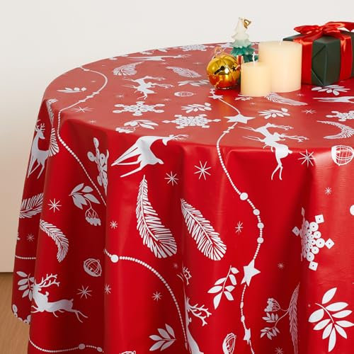 Romanstile Oilcloth Tablecloth Round 140 cm Christmas Deer and Snowflakes Outdoor Round Tablecloth PVC Tablecloth Washable Waterproof Stain Protection Decoration for Garden, Balcony, Patio, Party