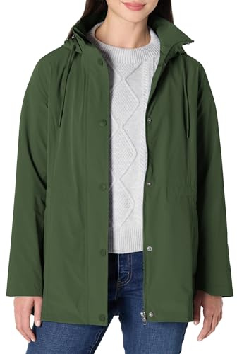 Amazon Essentials Women's Regular-Fit Lightweight Waterproof Long Hooded Rain Jacket, Dark Green, X-Small
