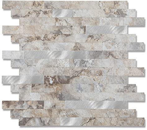 Yipscazo 10 Blätter Peel und Stick Stein Metall Fliese Backsplash, PVC Wandfliesen, Stick auf Fliesen für Backsplash Küche In Grau mit Braun