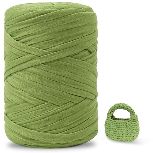 iEGrow Fil pour Crochet，400 g/140m Fil Polyester en Tissu Chunky Tshirt Yarn, T-Shirt Crochet pour Sac，Paniers，Bricolage，Décoration d'Intérieur，Tapis，Bricolage Vert absinthe
