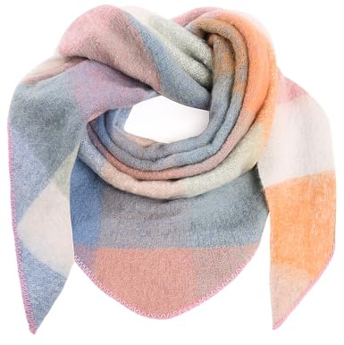 Voqeen halsduk dam vinter triangulär halsduk lång tartan triangel halsduk wrap tjock varm damer halsduk mjuk stola vinterhalsduk filt för kvinnor, Rosa-blå, 195 x 135 cm