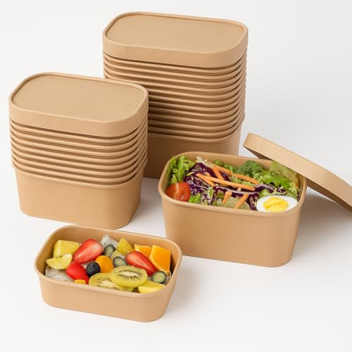 ECONX 50 X Kraft Food Containers with Paper Lids 750ml Disposable Rectangular Takeaway Box Heavy-Duty | Leakproof and Oil-Proof Kraft Paper Salad Takeaway Box for Lunch Restaurants, Parties