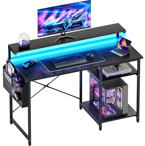 HLONONE Gaming Tisch mit LED und Monitorständer, Schreibtisch mit Stauraum
