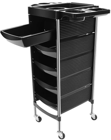 Deurqund Hairdressing Trolley, 6-Tier Salon Trolleys with Foldable Top Tray, Mobile Hairdresser Trolley on 360° Wheels, Black Beauty Salon Cart for Beauty Salons & Barber