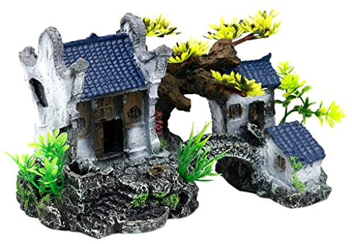 Rudiaoa Casa De Decoración Acuario Cueva Betta con Puente Realista Peces Hierba para Adornos Tanque Refugios Escondite para Decoración Casa Resina Acuático