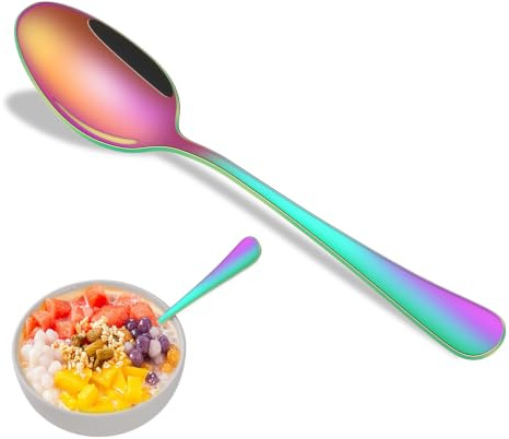 7.3 Inch Dinner Spoons Set, 8 Pieces Stainless Steel Tablespoons Set, Colorful Rainbow Mirror Finishing Metal Silverware Spoons
