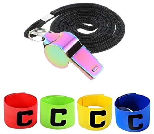 AEUXZA Kit Capitaine Foot 5 Pièces, 4 Brassards Capitaine Élastiques (Bleu/Rouge/Jaune/Vert) + 1 Sifflet Coloré avec Cordon, Bandeau Capitaine Réglable Adulte Enfant