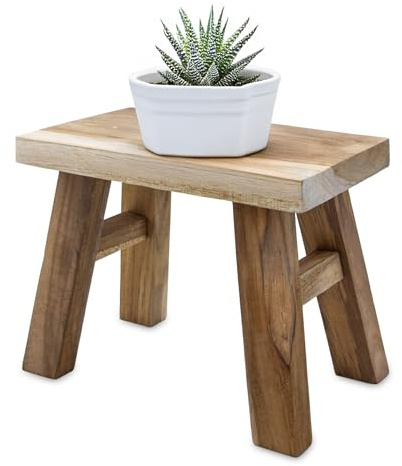 Spetebo Teakholz Blumenbank Natur rechteckig - 21 x 12 cm - Massivholz Deko Hocker Landhaus rustikal - Echtholz Pflanzenständer Blumenpodest Miniatur Holzbank Deko Holz Hocker