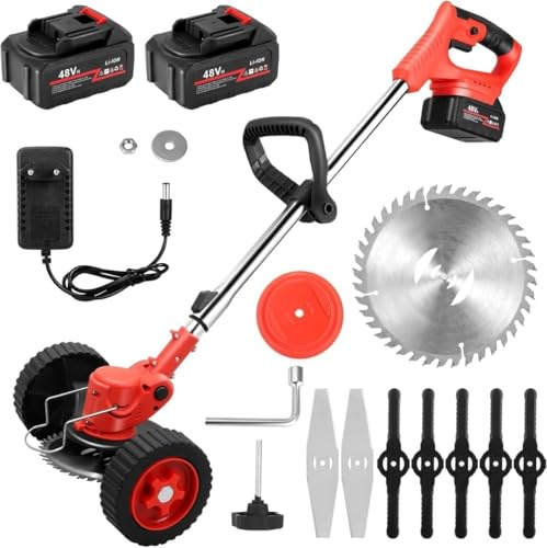 SQUADO Decespugliatore a Batteria 48V con 2 Batterie – Tagliabordi Senza Fili, Testa Girevole 90°, Ruote e Tubo Telescopico per Giardino