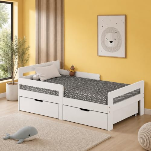 AVC Designs Junior Wooden Bed With Storage Cot Toddler Solid Pine Wood Modern Children Kids Junior Bed Frame White