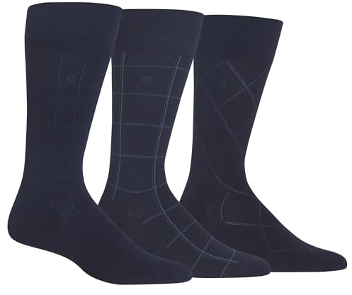 Chaps Mens Crew - 3 Pair Pack Solid And Pattern Designs Dress Sock, Dashed Windowpane (Navy), 6-12 US