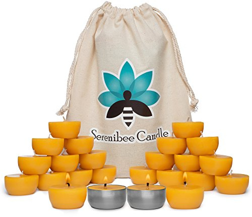 Serenibee Beeswax Tea Light Candles Refills with Two Custom Reusable Sturdy Steel Candle Holders and Reusable Cotton Bag Eco Friendly Gift Set(24)