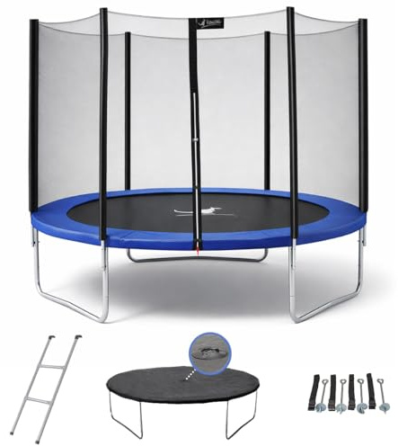 KANGUI Trampoline Enfant extérieur avec Filet de sécurité + échelle, Couverture de propreté et kit d’ancrage – Jardin – Ø250 Ø300 Ø360 Ø430 cm – Bleu