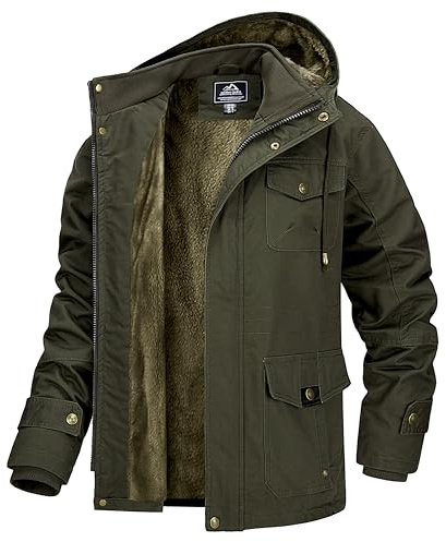 MAGCOMSEN - Giacca da uomo invernale in pile stile bomber cargo, giacca militare casual con cappuccio, antivento, Verde militare, 3XL