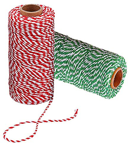 AILANDA 200M Cordel Verde Rojo y Blanco, Hilo de Algodón Bicolor Cordel de Algodon para Bricolaje Manualidades y Decoración Envolver de Regalos