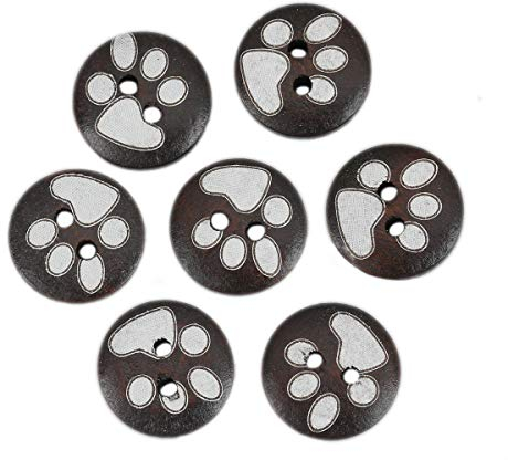 SiAura Material - 100 Stück Runde Holzknöpfe 15 mm, Dunkelbraun mit Pfotenmuster, 2 Löcher I Zum Nähen, Basteln und Dekorieren