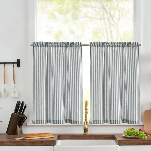 TOPICK Blue Striped Kitchen Curtains 24 Inch Drop Small Cafe Curtains Light Filtering Short Tier Curtain for Bathroom Cupboard Baset Sink RV Half Window Rod Pocket 2 Panels
