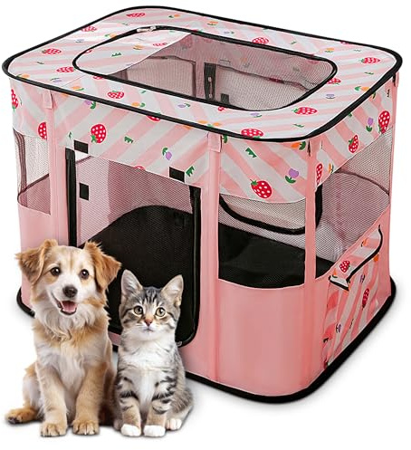 ALLSOPETS Parc pour Chien Pliable, Enclos Portable pour Chiot Chat Lapin, Tente Respirante d’Intérieur/Extérieur avec Sac de Transport, Idéal pour Voyage et Camping (Fraises Roses, M)