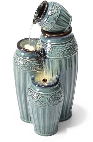 Glitzhome 27.25 H Outdoor Garden Water Fountain with LED Lights and Pump, 4 Tier Turquoise Embossed Pattern Ceramic Pots Cascading Floor Standing Fountain for Porch Deck Patio Backyard Decoration