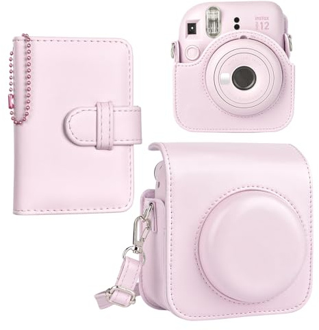HIYQIN Housse pour Instax Mini 12, Étui pour Appareil Photo en Cuir PU de qualité supérieure avec bandoulière et Mini Album Photo pour Films instantanés de 3 Pouces (Rose Pur)