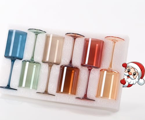 Colored Square Wine Glasses Set of 6, 14oz【Hand Blown】 Colorful Crystal Wine Glasses with Stem - Unique Muticolor Glasses Gifts for Birthday Women Party