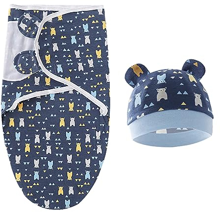Mecmbj Pucksack, pucktuch Baby 0-3 Monate, Weiche schlafende babyschlafsack Neugeborene, niedlicher Cartoon Pucksack Baby mit Mützen-Set, Baumwoll Swaddle Blanket für Neugeborene, Unisex (blau)
