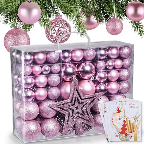 ONBEST Weihnachtskugeln 128-teiliges Set – 1x Baumspitze Glitzer Stern & 127x Kugel – mit Verpackung – Weihnachtsschmuck Deko für Drinnen & Draußen aus Kunststoff – Plus 5X Karte (Rosa)
