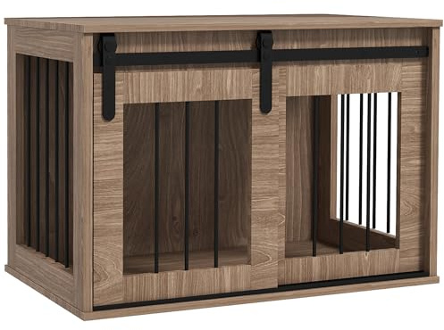 PawHut Cage Caisse Niche pour Chien Animaux intérieur Meuble Cage Chien intérieur 1 Porte coulissante, Table d'appoint, métal Effet Bois, dim. 57H x 80L x 54l cm, Marron