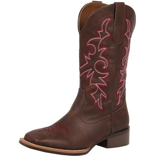 J's.o.l.e Stivali da cowboy da donna, stile western, metà largo, punta quadrata, stivali da cowgirl, per equitazione, scarpe ricamate, Marrone scuro, 39 EU
