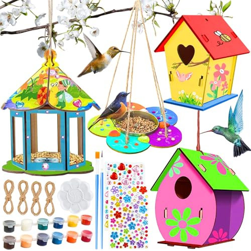UZSUZZ 4 Stück Vogelhaus Bausatz für Kinder, DIY Holz Vogelhaus zum Bemalen mit Farbform, Bastelset Kinder für Jungen und Mädchen, Kreatives Basteln und Malen