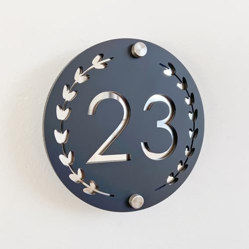 Round Garland Placa Personalizada de Número de Casa en Acrílico 3D, Números Flotantes Bicolor (Negro y Plateado) para Interior y Exterior, Perfecta para Hogares, Hoteles, Apartamentos y Negocios.