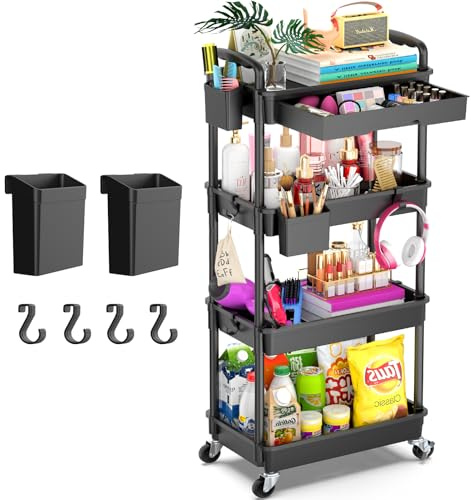 Yeabett 4 Tier Storage Trolley with Drawer, Utility Cart with Plastic Shelf & Lockable Wheels Multifunctional Storage Cart for Kitchen, Bathroom, Office, Living Room, Black