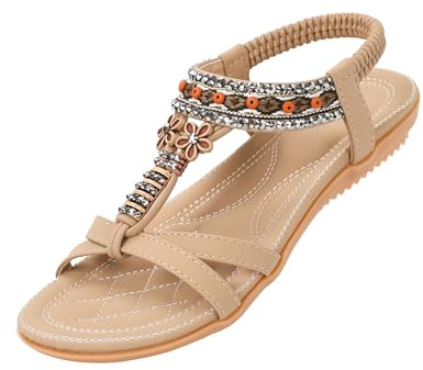 ZOEREA Womens Flat Sandals Summer Rhinestones Flower Flip Flops Ladies Elastic T-Strap Bohemian Shoes Fit Vacation D-Beige,6 UK