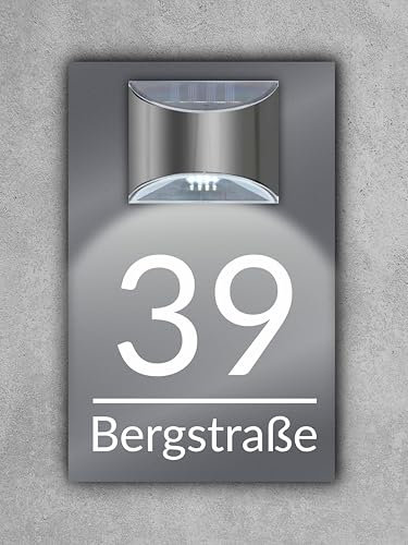 Premium Hausnummer beleuchtet mit LED Solar | individuell anpassbar | Acrylglas Anthrazit Matt | 3D Effekt | Wetterfest H1023_2 Grau